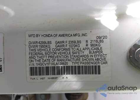 2020 Honda Accord Lx from USA, damaged, VIN 1HGCV1F1XLA138620